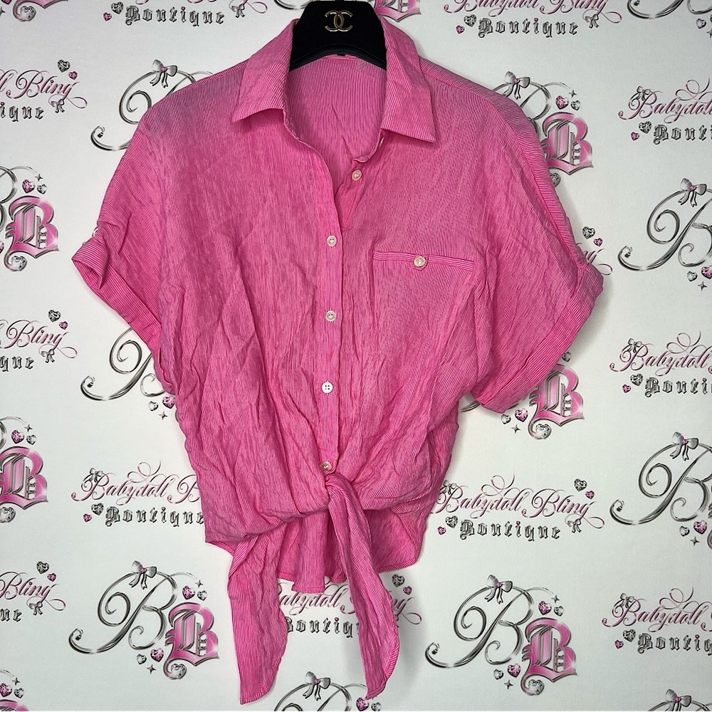 Frnch Paris blouse pink striped tie front bow button down tshirt collared top